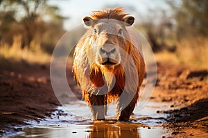close up of a capybara in the water.