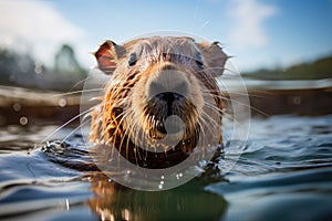 close up of a capybara in the water.