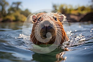 close up of a capybara in the water.