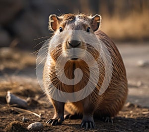 Close-up of a capybara in the wild, looking directly at the camera. photo