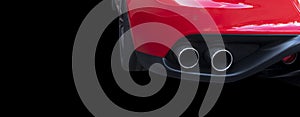 Close up of a car dual exhaust pipe. Double exhaust pipes of a red modern sports car. Car exterior details. New car parts with