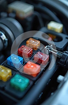 Close up car engine bay with fuse box block. Colorful fuses of different amperage protect car electronic circuits and wiring photo