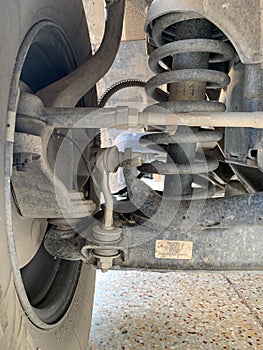 Close up of Car Front Axle Shocker and Tyre. photo