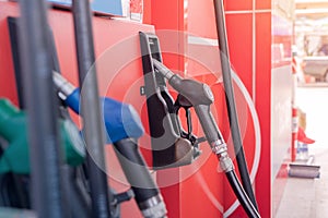 Close up of car fueling process at gasoline petrol station, refuel petroleum oil and energy vehicle business service in