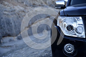 Close up Car head light in the Jais Mountain,Jebel Jais, Ras Al Khaimah, United Arab Emirates