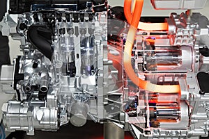 Close up of car hybrid engine. Hybrid electric car engine