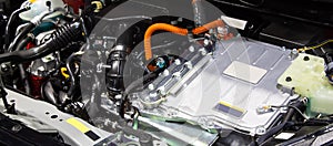 Close up of car hybrid engine. Hybrid electric car engine