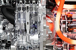 Close up of car hybrid engine. Hybrid electric car engine