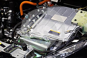 Close up of car hybrid engine. Hybrid electric car engine