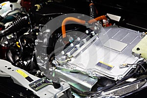Close up of car hybrid engine. Hybrid electric car engine