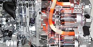 Close up of car hybrid engine. Hybrid electric car engine