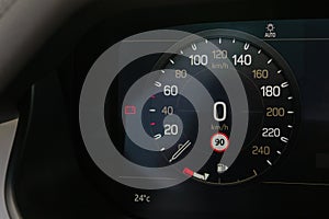 Close-up of car led speedometer, control display