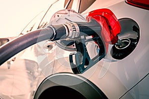 Close up of car refueling at gas station service