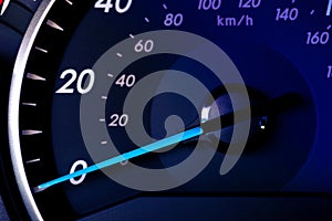 Close up of car speedometer with speed indicating 0. No progress concept