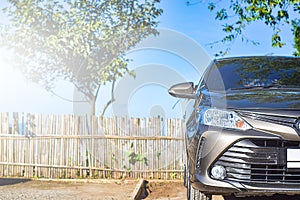 Close-up of car with sport and modern design parked on stone parking by the tree with soft sunlight. Environmentally friendly