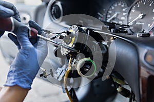 Close Up car steering wheel repair after the accident