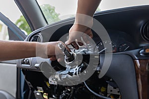 Close Up car steering wheel repair after the accident