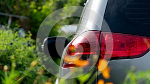 Close-up car tail light gray color. Parking the back of the flower.