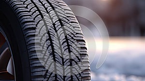 Close up of Car tires in winter on the road covered with snow. Winter tire. Generative Ai