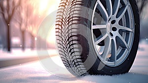 Close up of Car tires in winter on the road covered with snow. Winter tire. Generative Ai