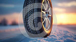 Close up of Car tires in winter on the road covered with snow. Winter tire. Generative Ai