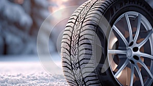 Close up of Car tires in winter on the road covered with snow. Winter tire. Generative Ai