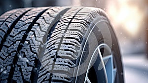 Close up of Car tires in winter on the road covered with snow. Winter tire. Generative Ai