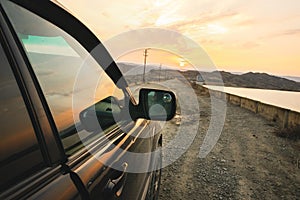 Close up car view on gravel road