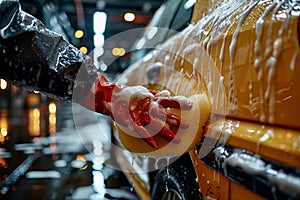 Close-up of car washer hand in red rubber glove holding yellow sponge with foam, car wash