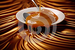 close up of caramel sauce flowing from spoon to background, Frisch gebackenes ganzes HÃÂ¤hnchen mit Honigsauce, AI photo