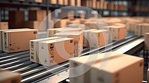 Close up cardboard boxes on roller conveyor with storage warehouse background. Generative AI