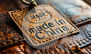 Close-up of a cardboard made in China tag on a leather surface, symbolizing global trade, manufacturing origins, and export goods