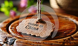 Close-up of a cardboard made in China tag on a leather surface, symbolizing global trade, manufacturing origins, and export goods