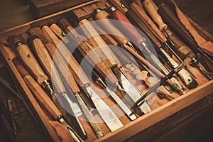 Close-up of the carpenter tools in restorer workshop