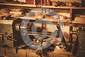 Close-up of the carpenter tools in restorer workshop