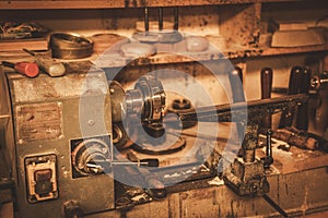 Close-up of the carpenter tools in restorer workshop