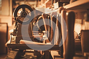 Close-up of the carpenter tools in restorer workshop