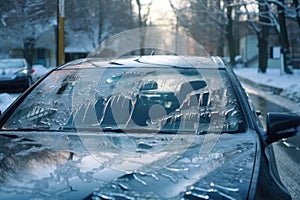 close-up of cars defroster melting ice on windshield