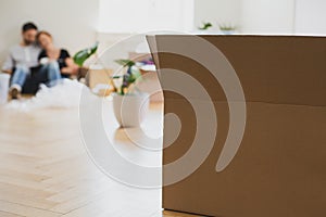 Close-up on carton box on the floor during packaging. Plant and couple in the background