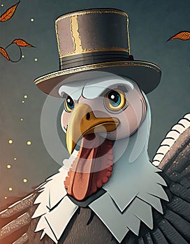 A close-up cartoon rendition of a turkey wearing a top hat.