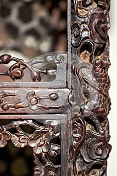 Close-up of carved mahogany furniture and details in Lingnan style, Guangdong, China