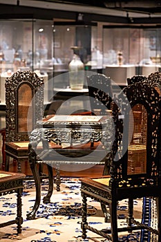 Close-up of carved mahogany furniture and details in Lingnan style, Guangdong, China