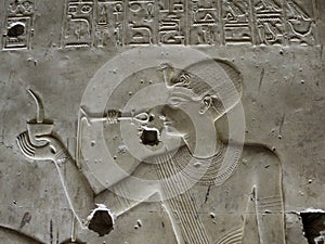 close up carving of young king pharaoh in Seti temple in Sohag