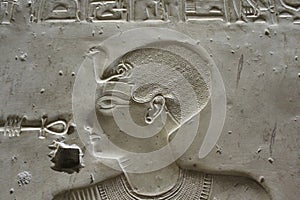 Close up carving of young king pharaoh in Seti temple in Sohag