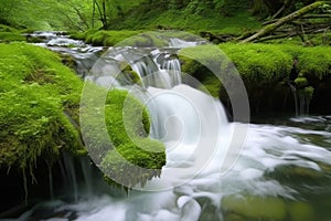 close-up of cascading spring waterfalls, with the sound of rushing water audible