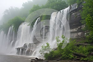 close-up of cascading waterfalls, with mist and spray visible