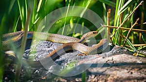 Close up of Caspian whipsnake lying in the sun