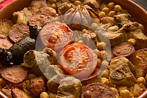 Close-up of a casserole of baked rice, typical dish of XÃ tiva (Valencia, Spain