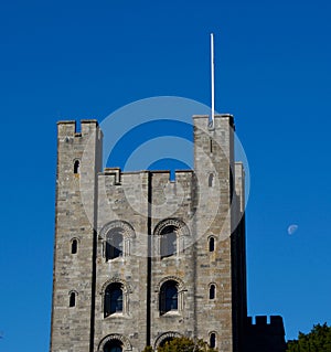 Close up of the castle tower and the moon