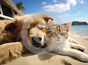 Close up of a cat and dog resting on a sandy beach with a beautiful ocean view in the background.